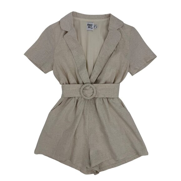 Princess Polly Deep V Croquette Playsuit Romper Collared Belted Neutral Beige 0 - Picture 2 of 16